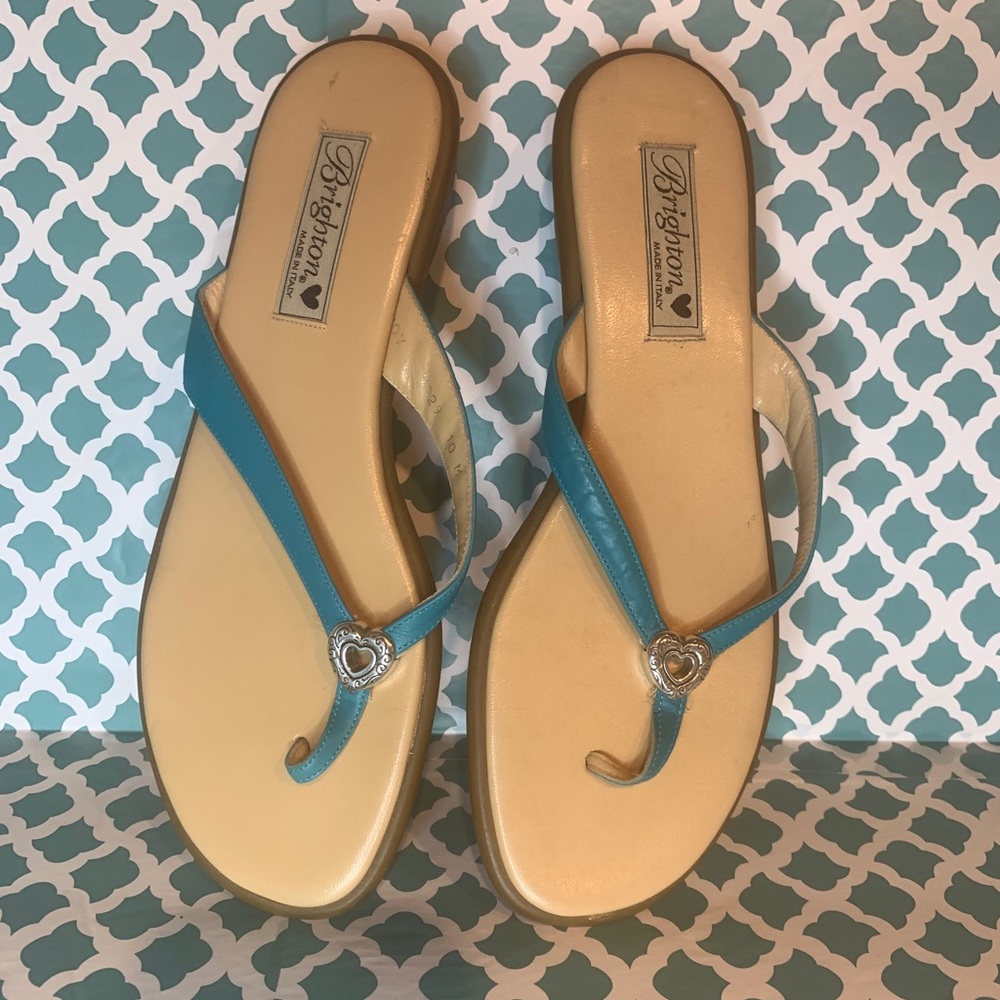 Brighton Teal and Cream Heart-Accent Leather Thong Sandals